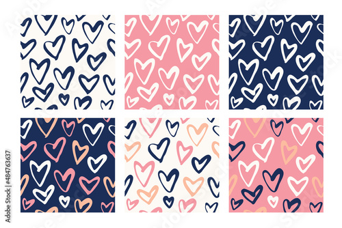 Set with 4 seamless patterns in red and blue colors. Vector backgrounds with hearts. Great for fabric, baby, Valentine's Day, scrapbook, surface textures.	