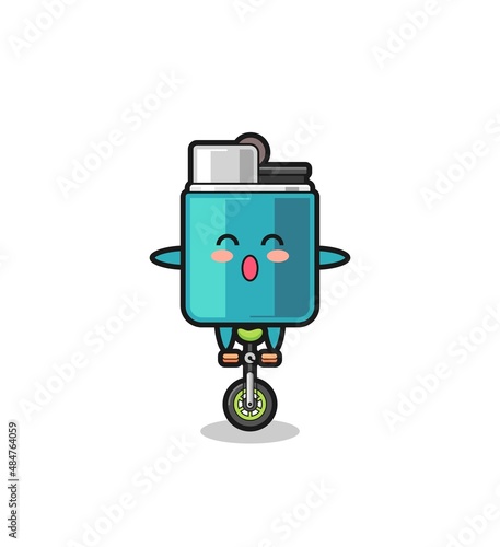 The cute lighter character is riding a circus bike