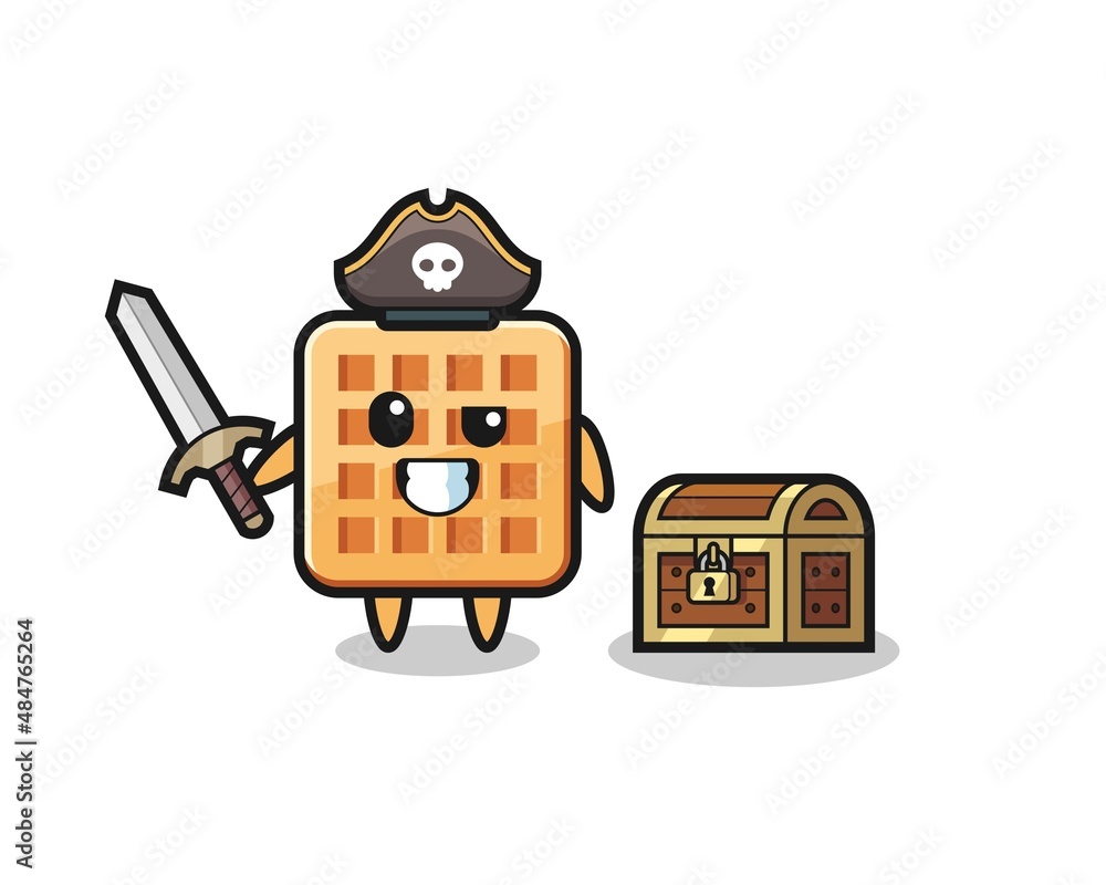 the waffle pirate character holding sword beside a treasure box the waffle pirate character holding sword beside a treasure box