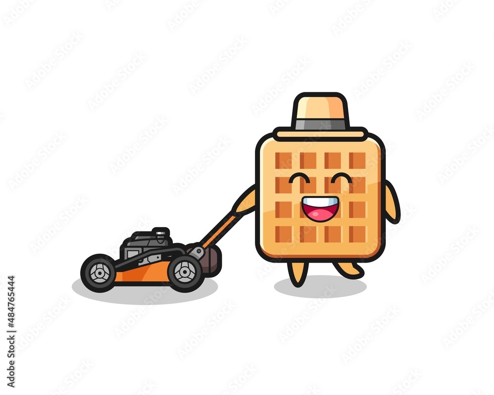 illustration of the waffle character using lawn mower