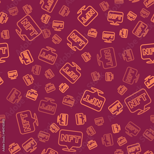 Brown line NFT Digital crypto art icon isolated seamless pattern on red background. Non fungible token. Vector