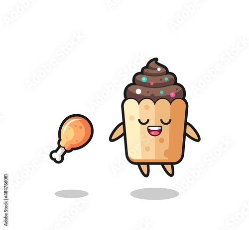 cute cupcake floating and tempted because of fried chicken