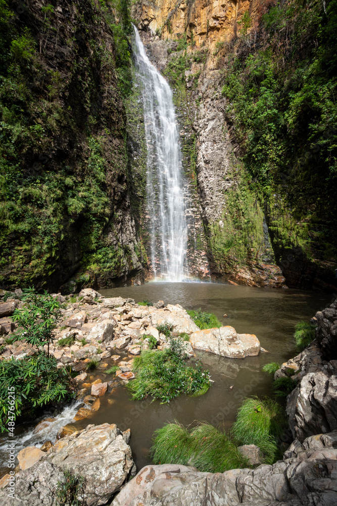 Beautiful view to big wild green cerrado waterfall landscape Beautiful view to big wild green cerrado waterfall landscape