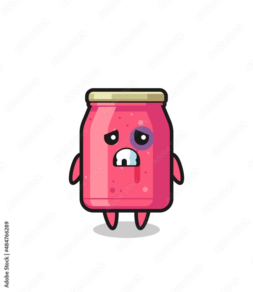 injured strawberry jam character with a bruised face