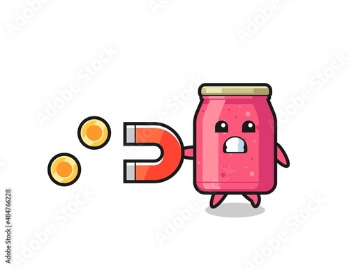 the character of strawberry jam hold a magnet to catch the gold coins