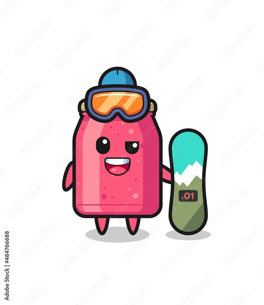 Obraz premium Illustration of strawberry jam character with snowboarding style