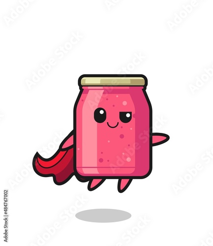 cute strawberry jam superhero character is flying