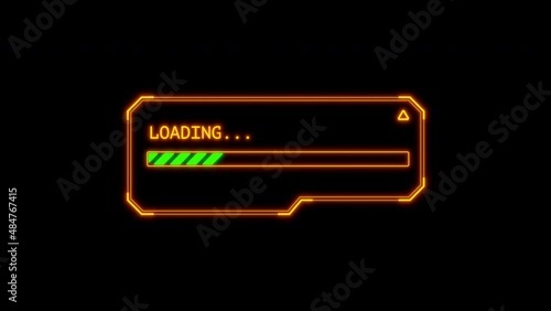Loading process. Footage, 2d animation on black solid background. Cyberpunk, user interface. Green loading bar. Yellow popup window
