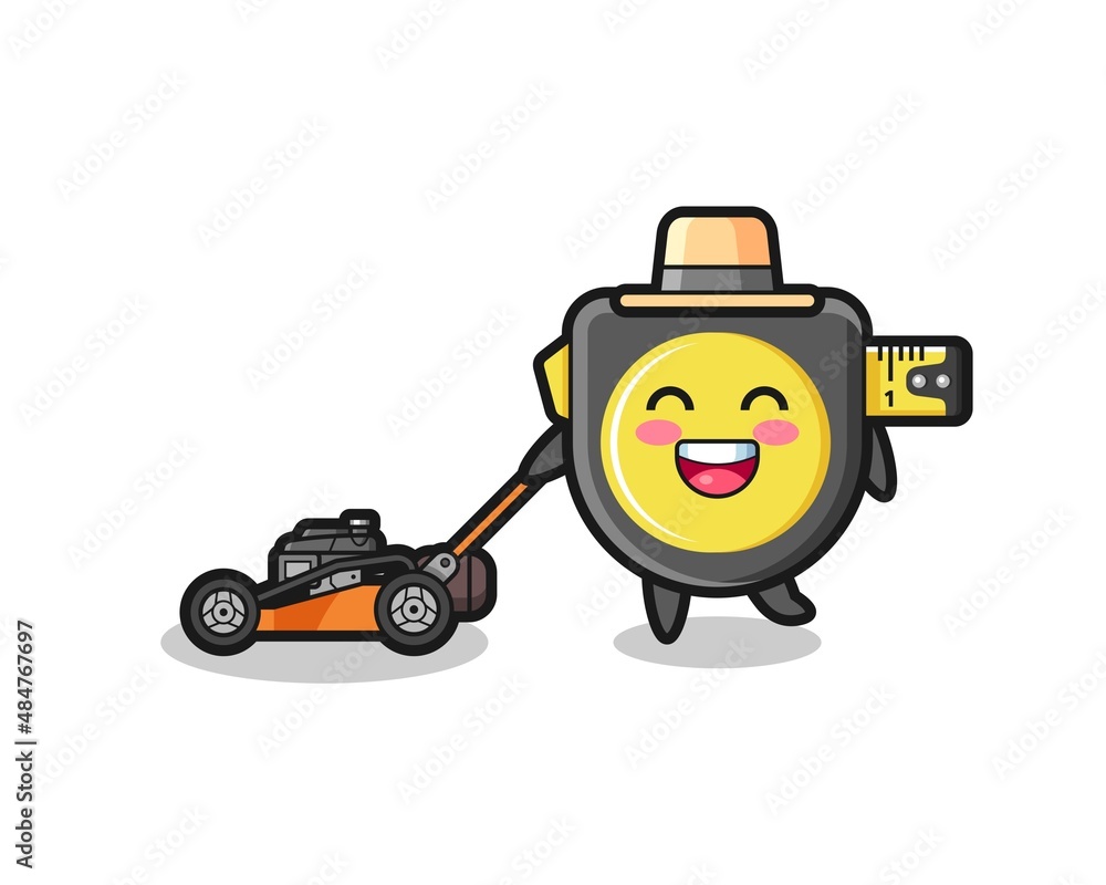 illustration of the tape measure character using lawn mower
