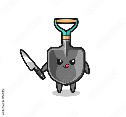 cute shovel mascot as a psychopath holding a knife