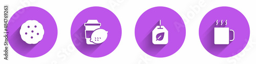 Set Cookie or biscuit, Cup of tea with lemon, Tea bag leaf and icon with long shadow. Vector