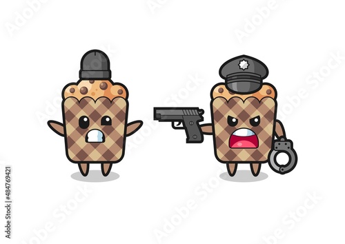 illustration of muffin robber with hands up pose caught by police