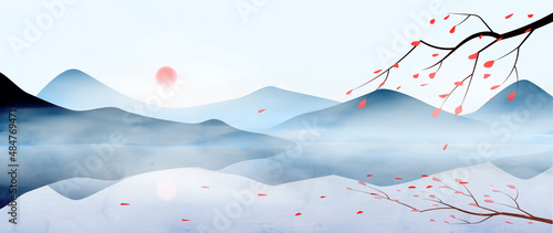 Blue Japanese mountains in Japanese style with tree and sakura flowers. Oriental landscape watercolor art background for decor, website design, banner