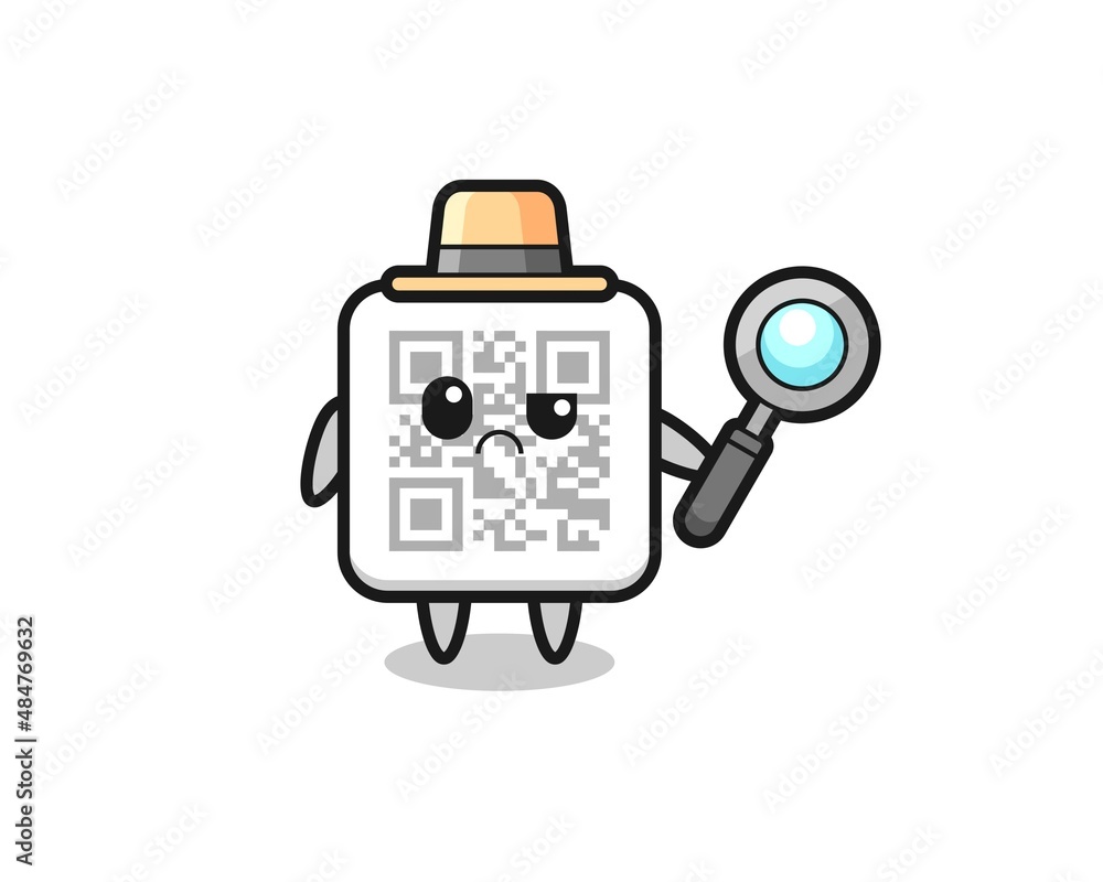 the mascot of cute qr code as a detective