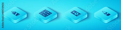 Set Isometric Paint spray can, Drum machine music, Beer bottle and Stereo speaker icon. Vector