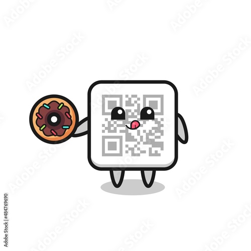 illustration of an qr code character eating a doughnut