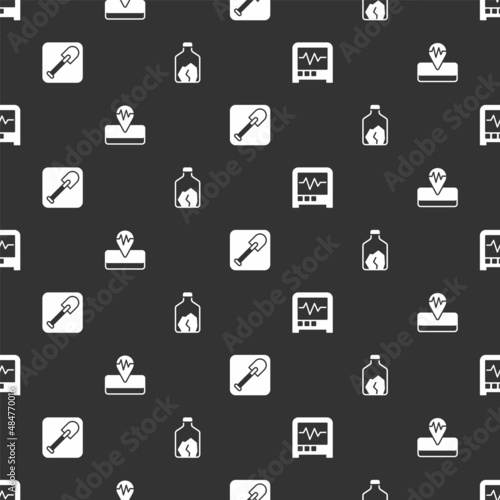 Set Seismograph, Earthquake, Shovel and Ore mining on seamless pattern. Vector