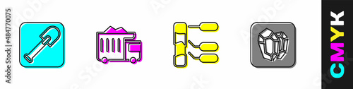 Set Shovel, Mining dump truck, Soil analysis and Gem stone icon. Vector