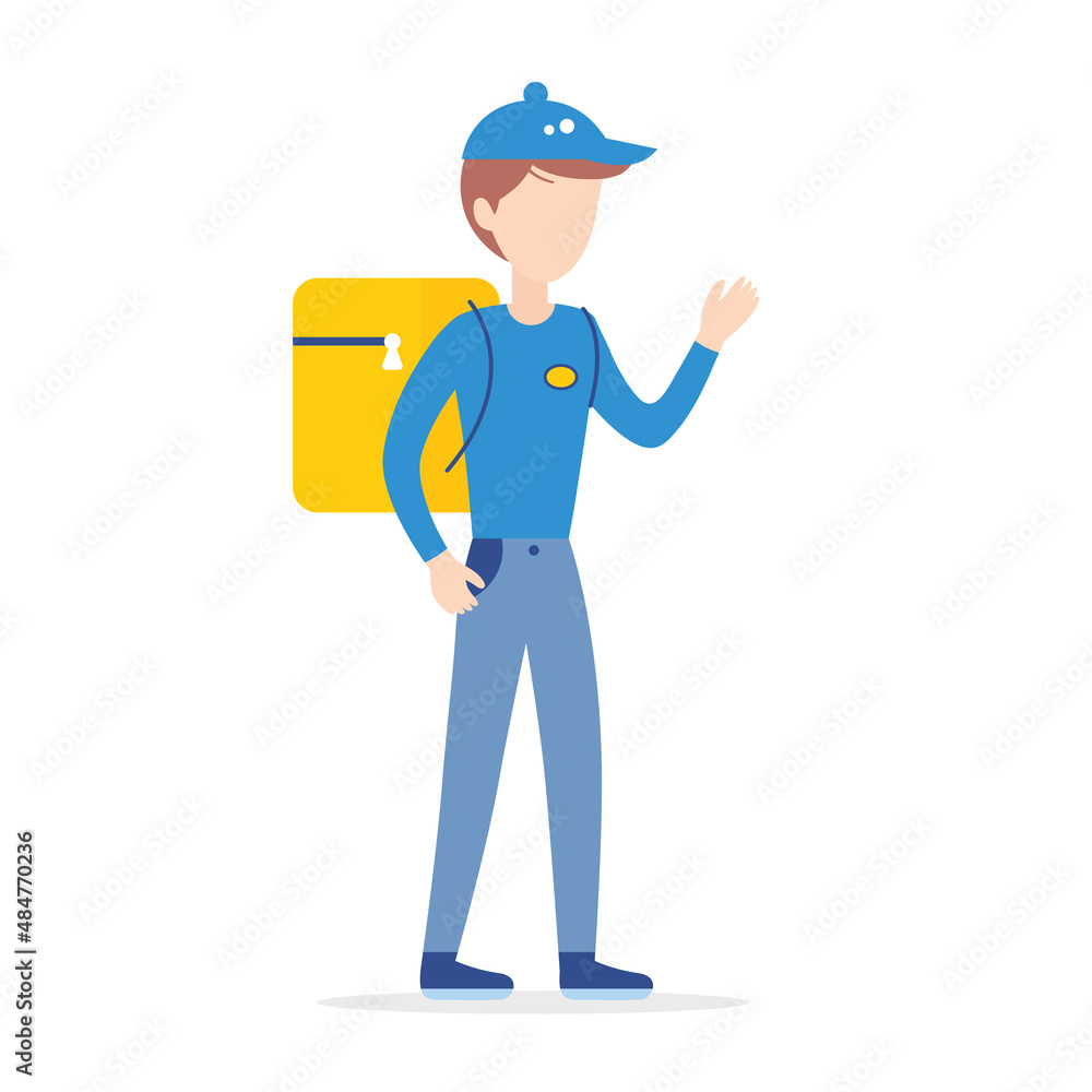 Man courier with express delivery service yellow food box bag backpack or parcel isolated vector illustration flat design
