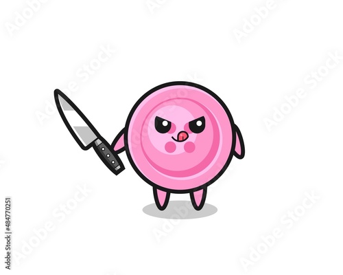 cute clothing button mascot as a psychopath holding a knife