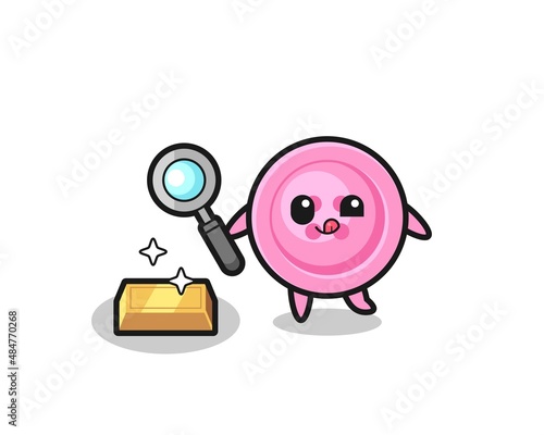 clothing button character is checking the authenticity of the gold bullion