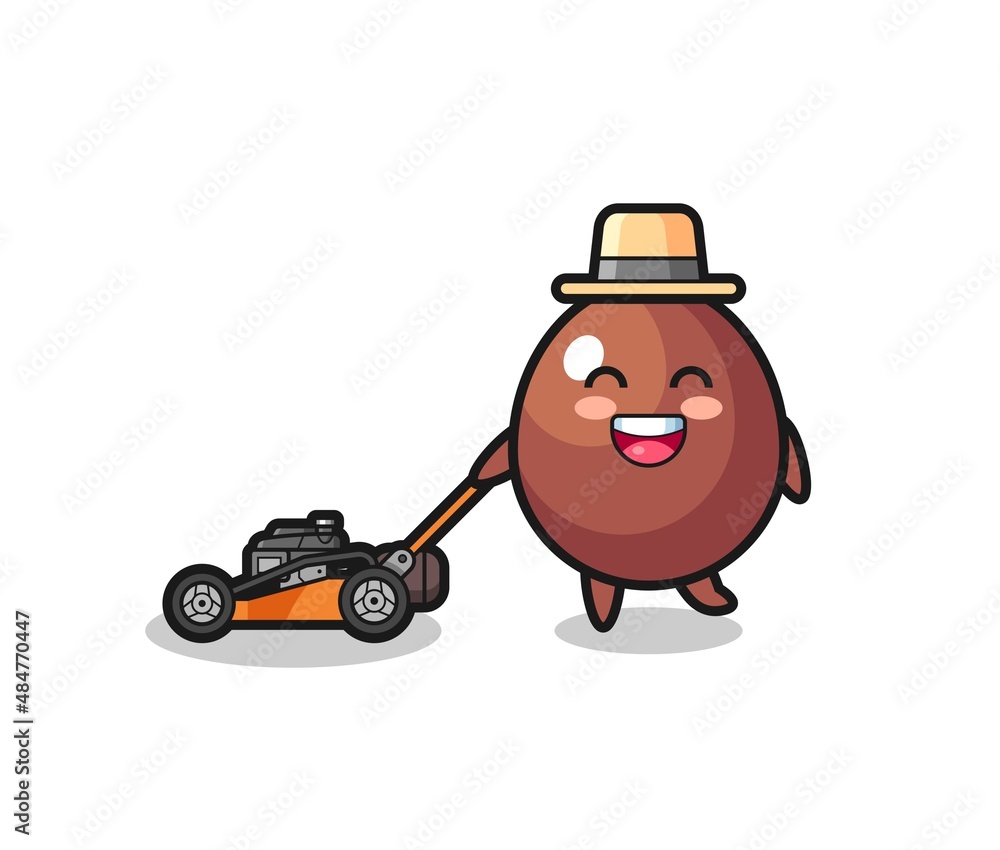 illustration of the chocolate egg character using lawn mower illustration of the chocolate egg character using lawn mower