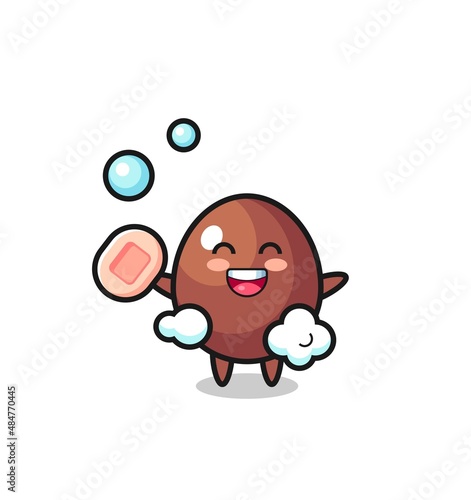 chocolate egg character is bathing while holding soap