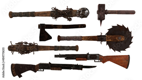 Collection of fantasy zombie apocalypse weapons. 3D rendering isolated on white background. photo