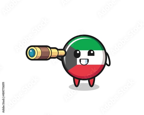 cute kuwait flag character is holding an old telescope
