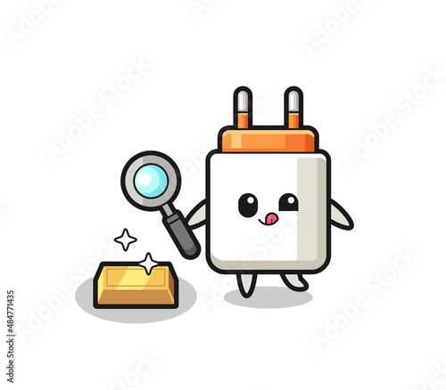 power adapter character is checking the authenticity of the gold bullion