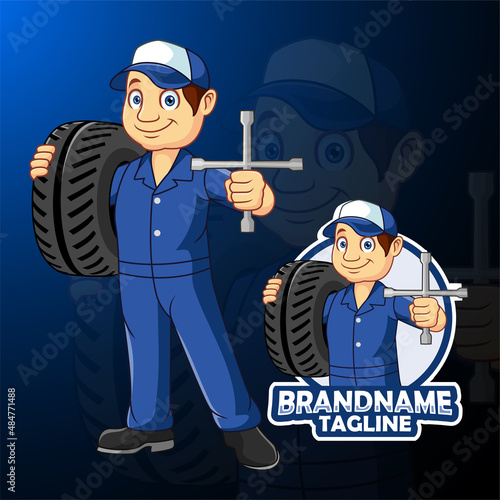 Cartoon car mechanic man carrying a tire with spanner