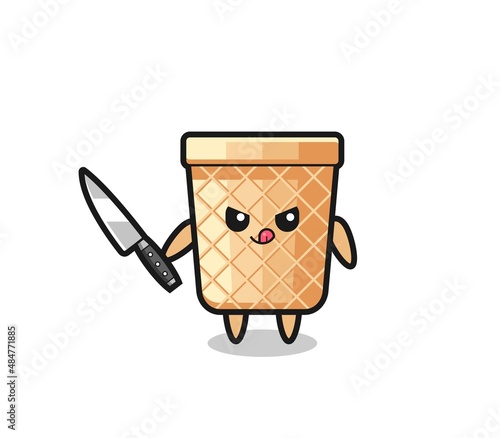 cute waffle cone mascot as a psychopath holding a knife