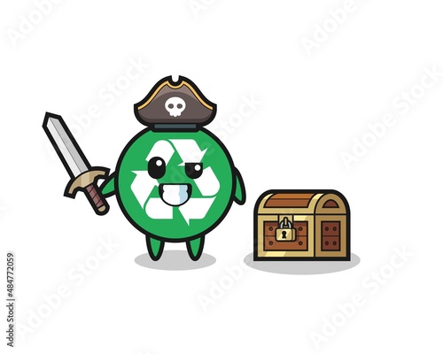 the recycling pirate character holding sword beside a treasure box