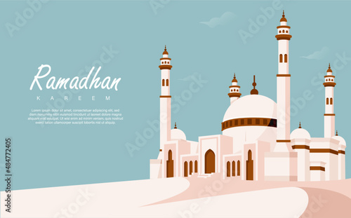 Ramadhan Kareem Vector Illustration with Four Pillars Mosque in the Background
