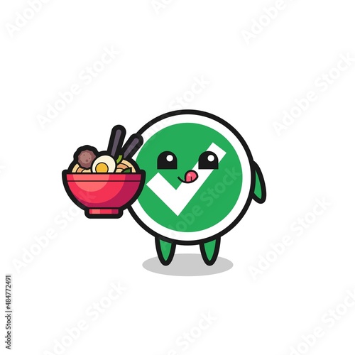 cute check mark character eating noodles