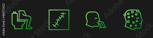 Set line Vomiting man, Constipation, Scar with suture and Psoriasis or eczema rash. Gradient color icons. Vector