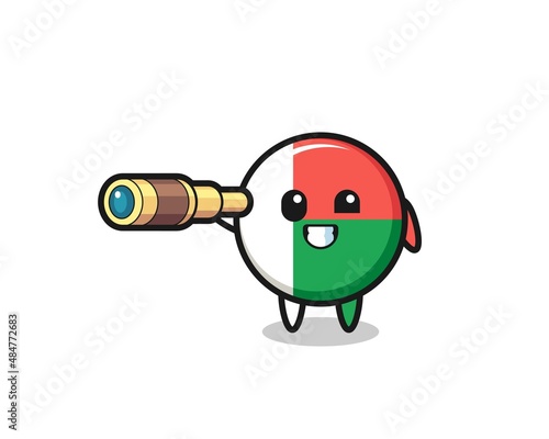 cute madagascar flag character is holding an old telescope