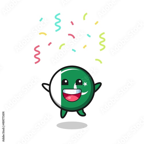 happy pakistan flag mascot jumping for congratulation with colour confetti