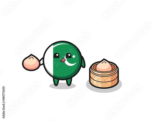 cute pakistan flag character eating steamed buns