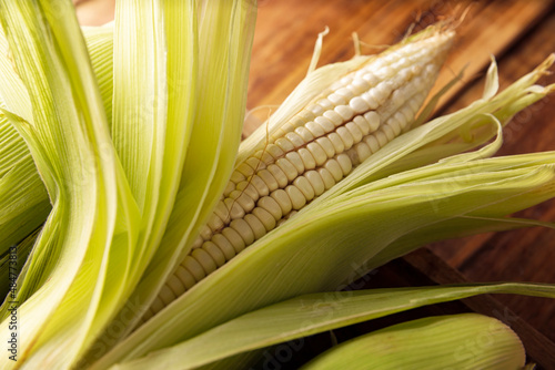 Close up image of raw white corn on the cob on wooden rustic surface.