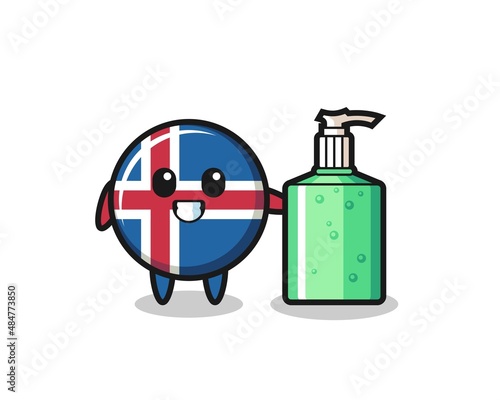 cute iceland flag cartoon with hand sanitizer