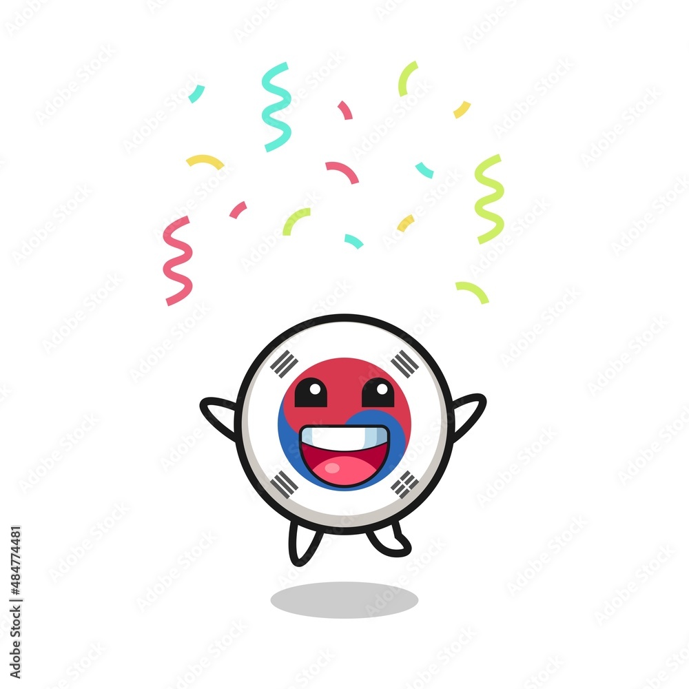 Obraz premium happy south korea flag mascot jumping for congratulation with colour confetti