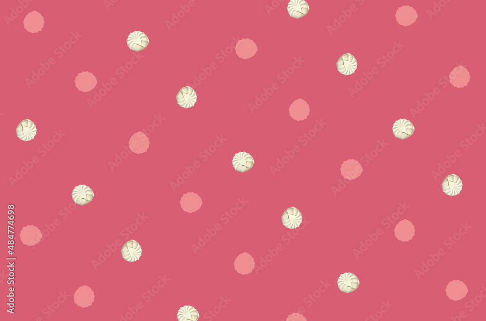 Colorful pattern of white zephyr on pink background. Marshmallow. Top view. Flat lay. Pop art Colorful pattern of white zephyr on pink background. Marshmallow. Top view. Flat lay. Pop art