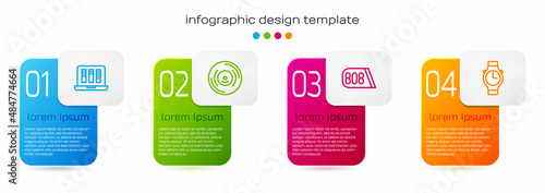 Set line Sound or audio recorder, Vinyl disk, Drum machine music and Wrist watch. Business infographic template. Vector