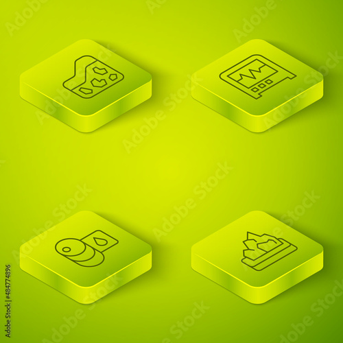 Set Isometric line Seismograph, Barrel oil, Ore mining and Ground icon. Vector