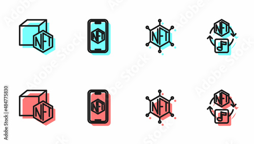 Set line NFT blockchain technology, Digital crypto art, Mobile with store app and icon. Vector