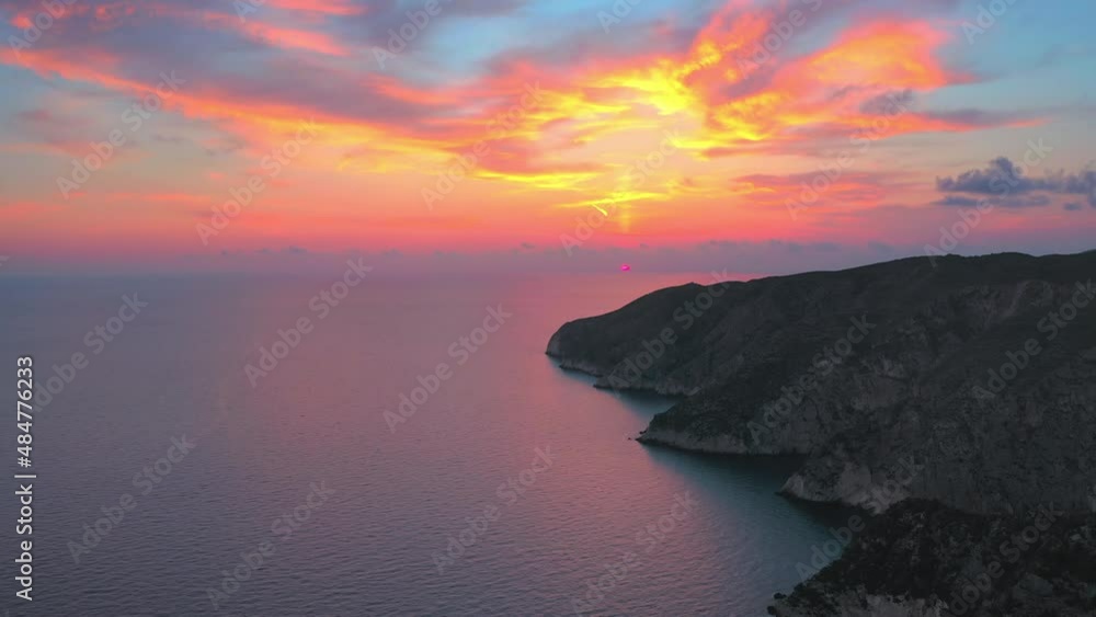Majestic sunset over greek island Zakynthos aerial panorama Majestic sunset over greek island Zakynthos aerial panorama