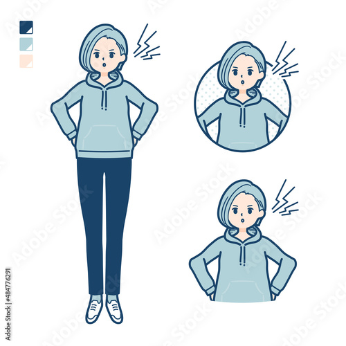 パーカーを着た若い女性が怒っているイラスト