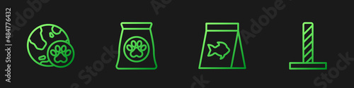 Set line Food for fish, World pet, Bag of food and Cat scratching post with toy. Gradient color icons. Vector