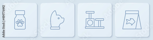 Set line Medicine bottle and pills, Cat scratching post with toy, and Food for fish. White square button. Vector